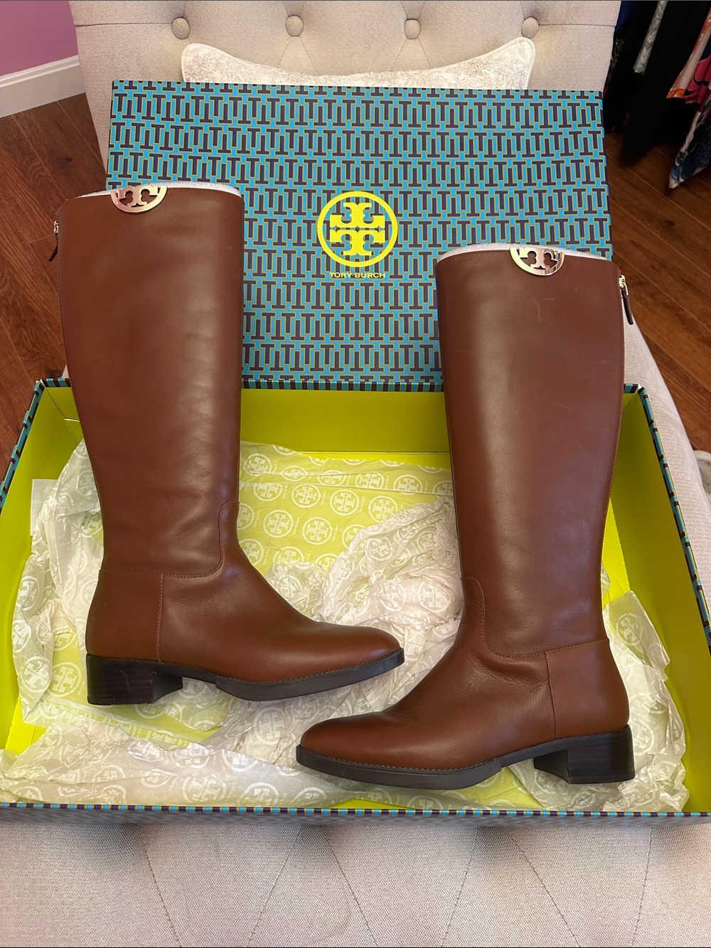 Tory Burch Tall Brown Leather Knee Boots with Logo Accent